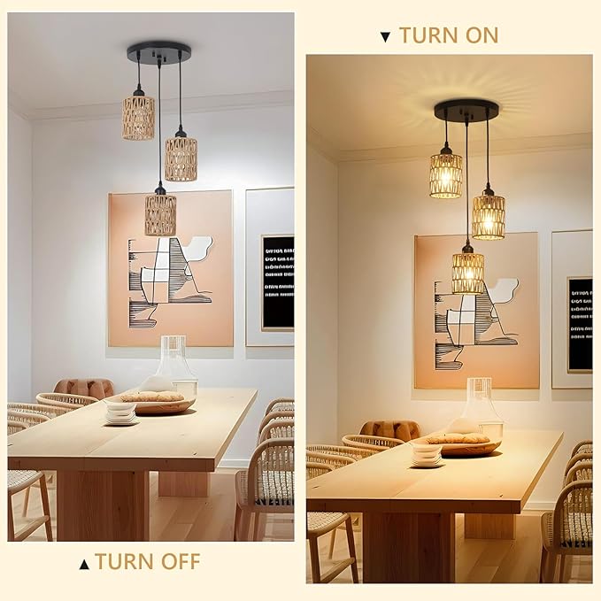 LAMSU 3 Lights Rattan Pendant Light, Farmhouse Dining Room Light Fixtures Ceiling Hanging, Boho Pendant Lighting with Hand Woven Wicker Shades for Kitchen Island Living Room Bedroom Foyer Hallway