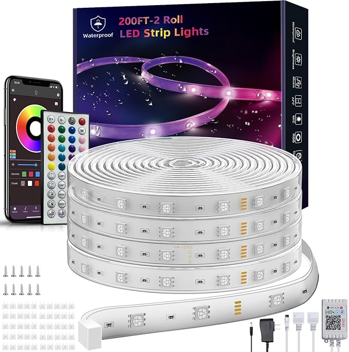 Ledagic Outdoor Led Strip Lights Waterproof 200ft (2*100ft), Ip65 Outside Led Light Strip Waterproof with Remote and App Control, Exterior Led Rope Lights Music Syne RGB Strip Lights for Bedroom Decor