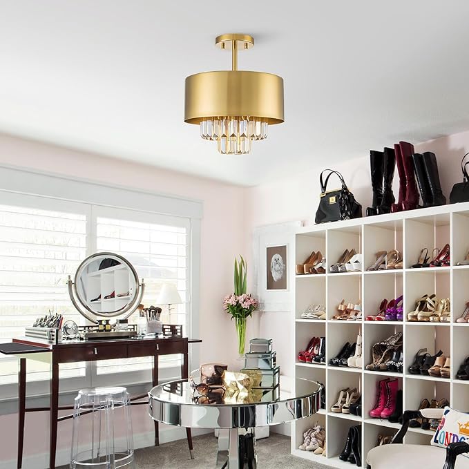 3-Light Luxury K9 Crystal Ceiling Light for Living Room, Foyer, Bedroom, Close to Ceiling Semi-Flushmount Light Fixture, Brass Finish Metal Lampshade & Champagne Crystal Pendant