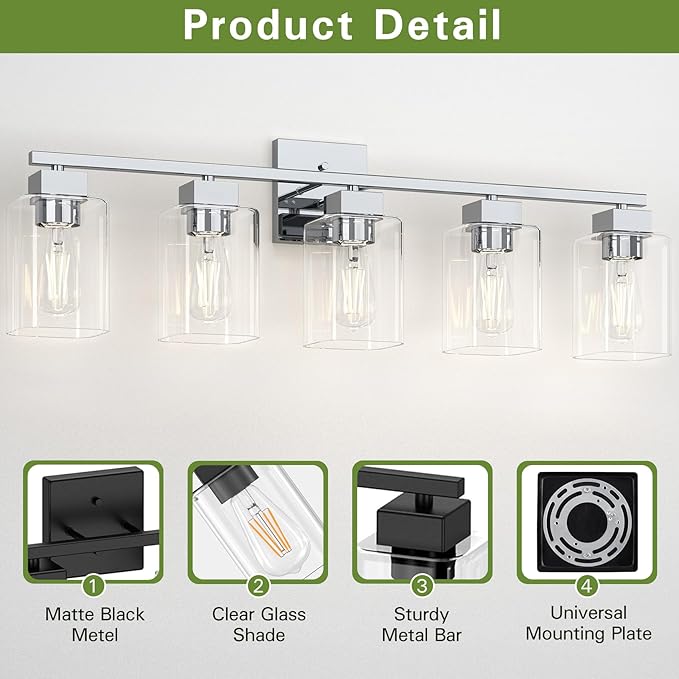 Espird 5 Light Bathroom Vanity Light - Chrome Bathroom Light Fixtures Square Design & UL Certification, 31 Inch Bath Room Light Fixtures Over Mirror for Living Room & Bedroom & Restroom