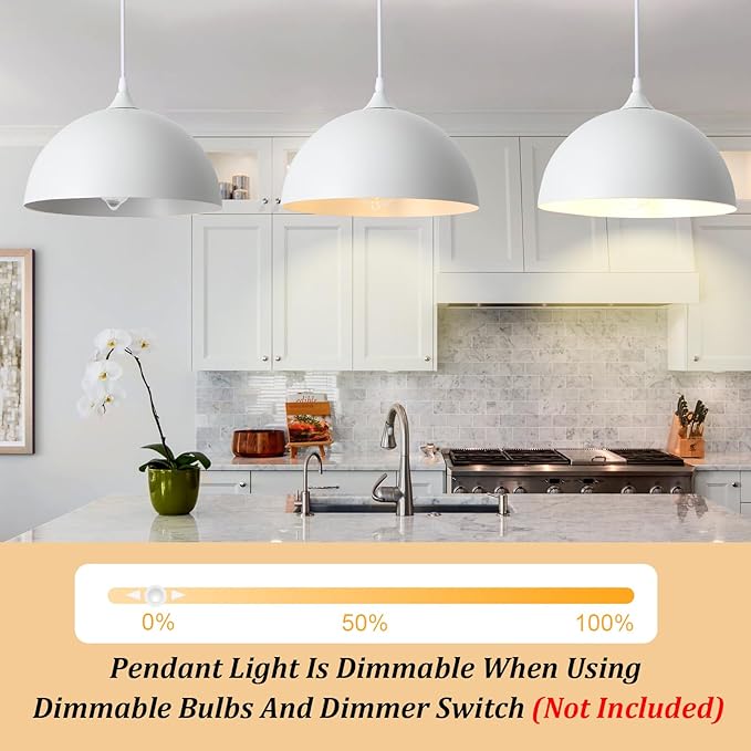 3 Pack White Pendant Lights Kitchen Island 11.8" Modern Dome Pendant Light Fixtures Farmhouse Industrial Vintage Hanging Ceiling Light Fixture for Dining Room Foyer Hallway Bar Cafe Kitchen