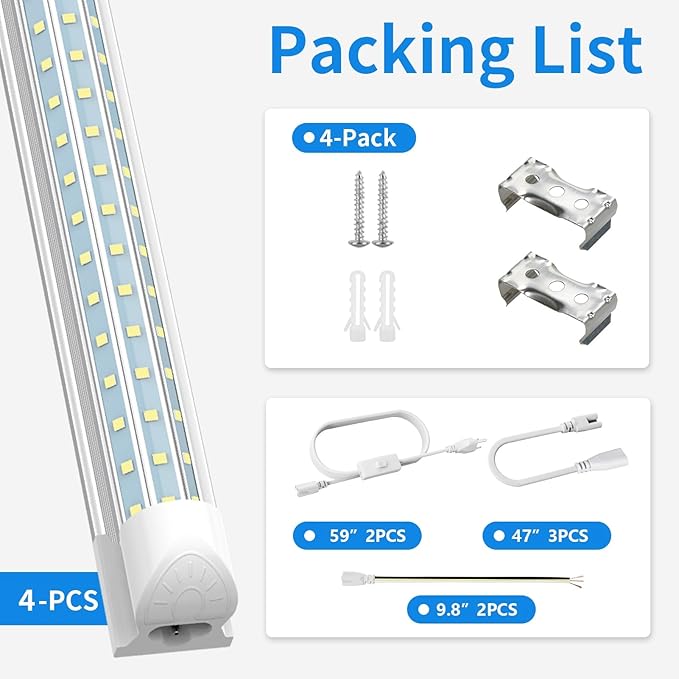 SHOPLED LED Shop Light 8FT, 90W 11700 LM 5000K Daylight White, Linkable T8 Ceiling Light Fixtures, D-Shape, 8 Foot LED Shop Lights for Garage, 4 Pack