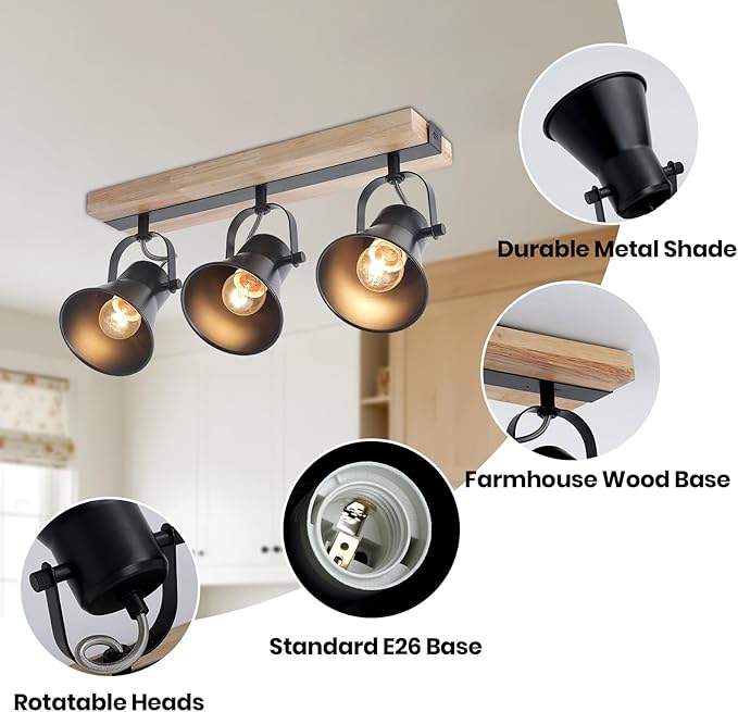 SEEBLEN 3-Lights Track Lighting Fixtures Ceiling，Farmhouse Wood Flush Mount Ceiling Light, Multi-Directional Kitchen Sink Light, Rustic Track Lighting for Kitchen Living Room, Dining Table, Foyer