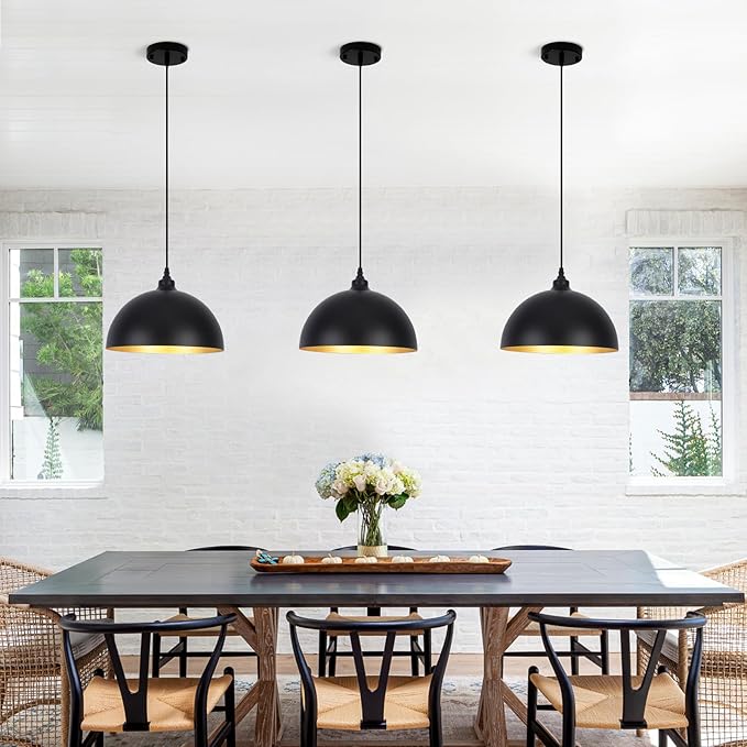 3 Set Black Pendant Light Fixtures for Dining Room 11.8" Farmhouse Pendent Lights Industrial Modern Chandelier Ceiling Hanging Light Fixture for Kitchen Living Room Foyer Entryway Kitchen Island