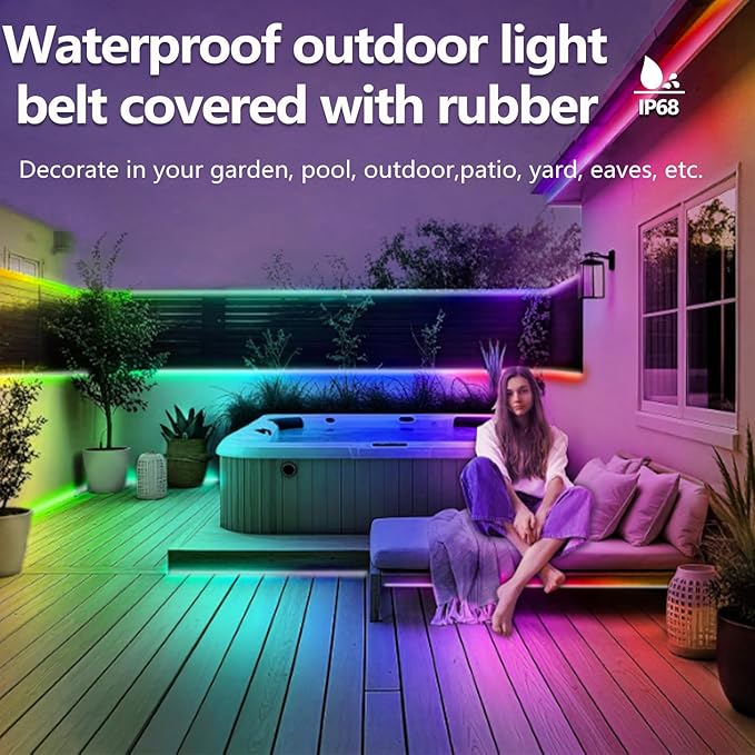 50FT Ws2812 RGB+IC LED Strip Lights IP68 Outdoor Waterproof, 5V USB Powered, Music Sync Bluetooth APP/RF Remote Control Lights for Balcony,Deck,Camping,Garden,Bedroom Decor