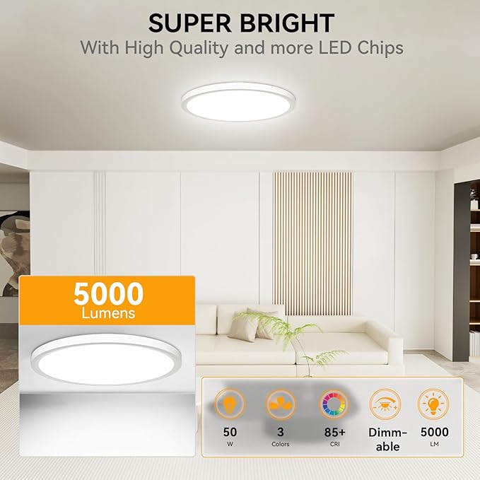 3CCT 3000k/4000k/6000k Selectable, Led Flush Mount Ceiling Light, 20 Inch 5000LM Round Modern Flat Panel,Super Slim for Living Dining Kitchen Bedroom Room