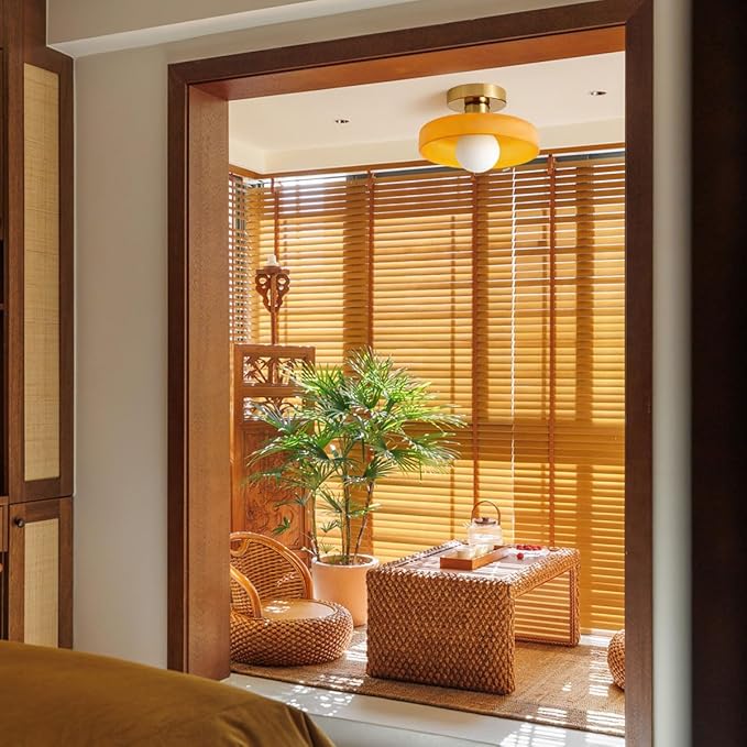 Brass Gold Semi Flush Mount Ceiling Light Fixture Vintage Glass Pendant Light Orange Dome Shade Bedroom Mid Century Modern Close to Ceiling Lights Hallway Overhead Lights Fixtures