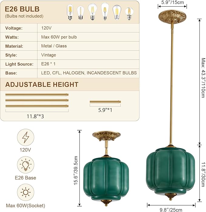 9.8" Milk Glass Pendant Light Fixture Modern Chandelier Vintage Semi Flush Mount Ceiling Light Height Adjustable Green Hanging 1-Light for Kitchen, Hallway, Bedroom, Dining Room