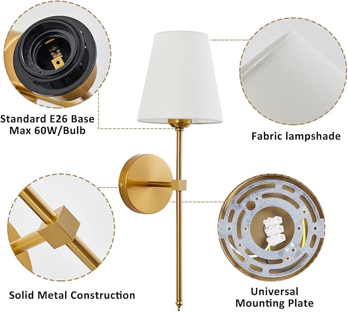 KUAUGST Wall Sconces Sets of 2, Retro Industrial Wall Lamps, Bathroom Vanity Sconces Wall Lighting with White Fabric Shade, Suitable for Bedroom Living Room Corridor Kitchen