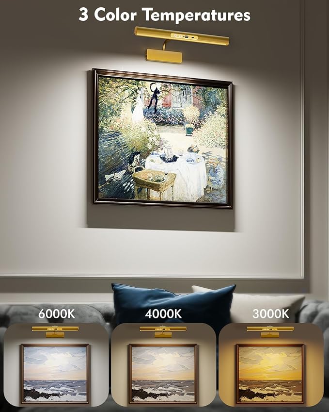 Skairipa Picture Light for Wall, 6000mAh Rechargeable Wireless Wall Lights Remote, 13'' Dimmable LED Art Painting Light with 3 Color Temps, Display for Gallery, Living Room, Hallway (Gold, 1Pack)