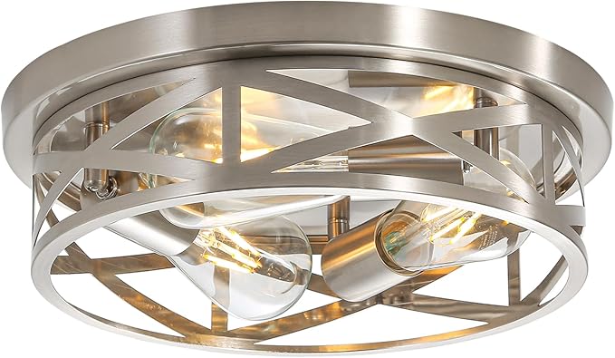 Indoor Cage Flush Mount Ceiling Light Fixtures, 13 Inch Brushed Nickle Close to Ceiling Light, Modern Metal Rustic House Ceiling Lights for Hallway Kitchen Bedroom Entryway Office