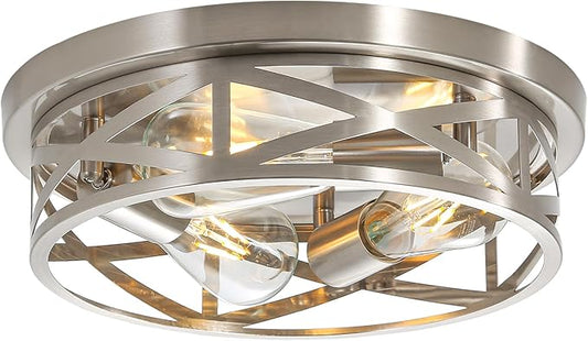 Indoor Cage Flush Mount Ceiling Light Fixtures, 13 Inch Brushed Nickle Close to Ceiling Light, Modern Metal Rustic House Ceiling Lights for Hallway Kitchen Bedroom Entryway Office