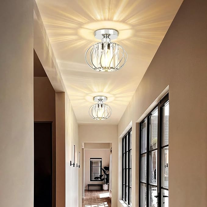 FRIDEKO HOME Crystal Ceiling Light Fixture - Crystal Chandelier Small Semi Flush Mount Ceiling Light Modern Lights Ceiling Mount for Hallway Kitchen Entryway Bedroom Bathroom (2 Pack, 7.48 Inch)