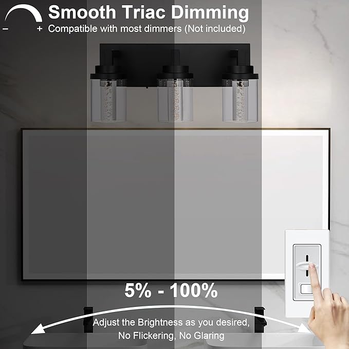 MELUCEE 3-Light LED Bathroom Lighting Fixtures Over Mirror Modern Bathroom Vanity Light Fixtures 5CCT Black Vanity Light Above Mirror with Bubble Crystal and Clear Glass Shade, Built-in LED Chips