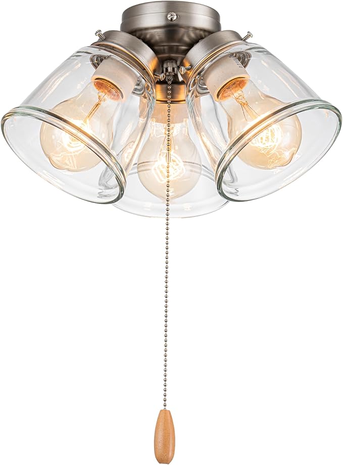 Aspen Creative 22011-1, Three-Light Ceiling Fan Light Kit with Pull Chain, Brushed Nickel Finish with Clear Glass Shades, 13-1/8" Diameter x 6-3/4" Height