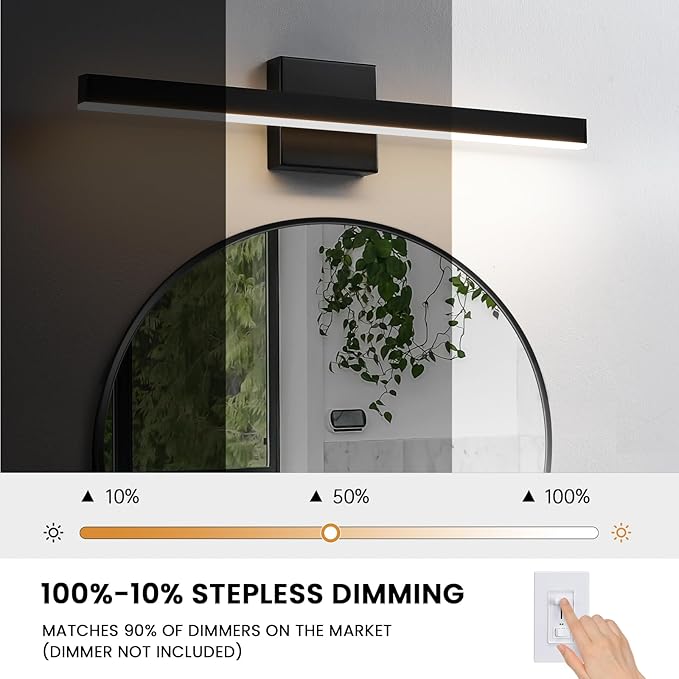 KAISITE Modern Black Bathroom Light - 24 inch Dimmable 5CCT LED Bar Vanity Light Over Mirror