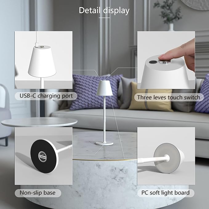 Timjorman 4-Pack Cordless Table Lamps - 5000mAh Rechargeable Battery Operated Desk Lamp, 3-Level Dimmable LED Night Light for Bedroom, Dining, Restaurant - Metal Design(White 4PACK)