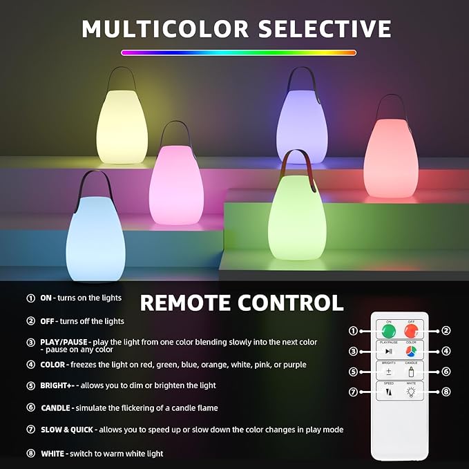 uuffoo Rechargeable Portable Table Lamp, Cordless RGB Lantern with Remote, Decorative LED Night Light, IP44 Waterproof Indoor Outdoor Lamp for Bedroom Patio Garden Wedding Party