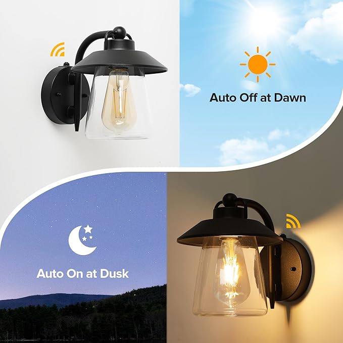 LUTEC 2 Pack Dusk to Dawn Outdoor Indoor Exterior Light Fixture, Farmhouse Barn Wall Sconce, Matte Black Finish Anti-Rust Wall Mount Light, Waterproof Wall lamp with Clear Glass for Porch, Patio