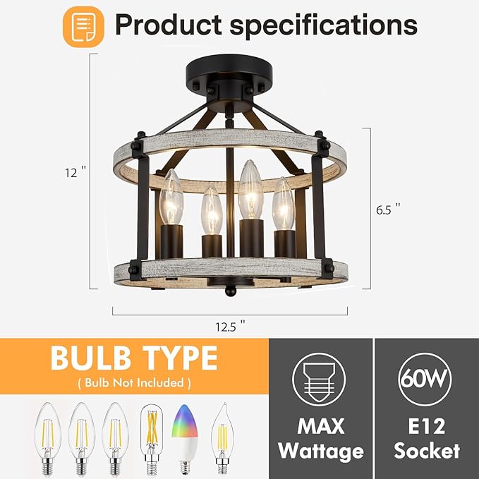 12.5" Farmhouse Semi Flush Mount Ceiling Light,4 Light Rustic Semi Flush Ceiling Light,Black+Oak Finish Industrial Semi Flush Light Fixture for Hallway Entryway Bedroom Balcony Laundry Room