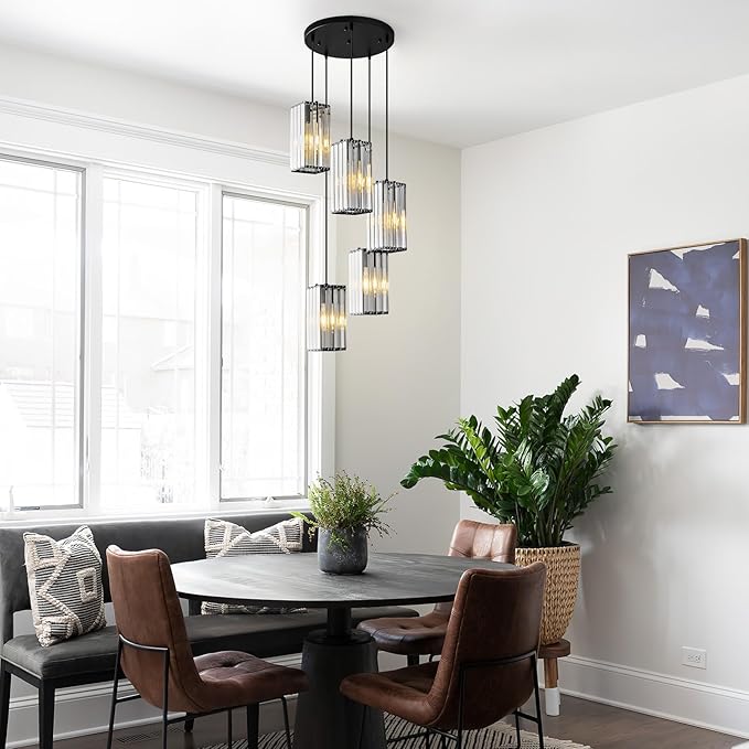 Modern Pendant Light Black Rectangle Pendant Lighting Mini Crystal Chandeliers Adjustable Pendant Light Fixture for Kitchen Island Dinning Room Living Room Corridor Bedroom(Black 5-Light)