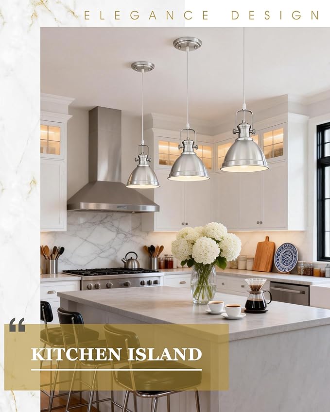 2-Pack Pendant Lights Kitchen Island, 8" Farmhouse Hanging Lights Fixtures with Metal Shade, Rustic Kitchen Pendant Lighting Over Island for Dining Room, Brushed Nickel, AD-2151-2PM-SN