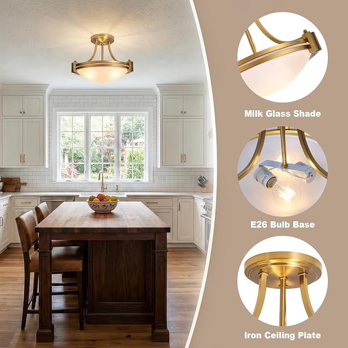 Bektas Semi Flush Mount Ceiling Light Fixture 16inch Gold Traditional Fixture with Milk Glass for Bedroom Kitchen Bathroom Hallway Foyer Living Room Entryway