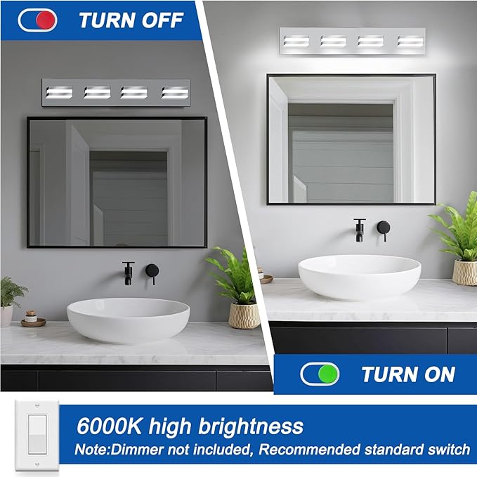 IZORRO LED Modern Bathroom Lights Fixtures(4-Light,Dimmable,360°Rotate),Chrome Acrylic Wall Lighting,Vanity Lights for Bathroom Over Mirror - 6000k 24In （No Assembly Required）