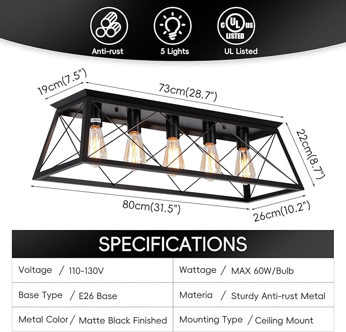 31.5" Black Flush Mount Ceiling Light Fixture, 5-Light Vintage Industrial Cage Chandelier for Dining Room, Kitchen Island, Living Room, Dimmable Large Semi Flush Mount Close to Ceiling Light