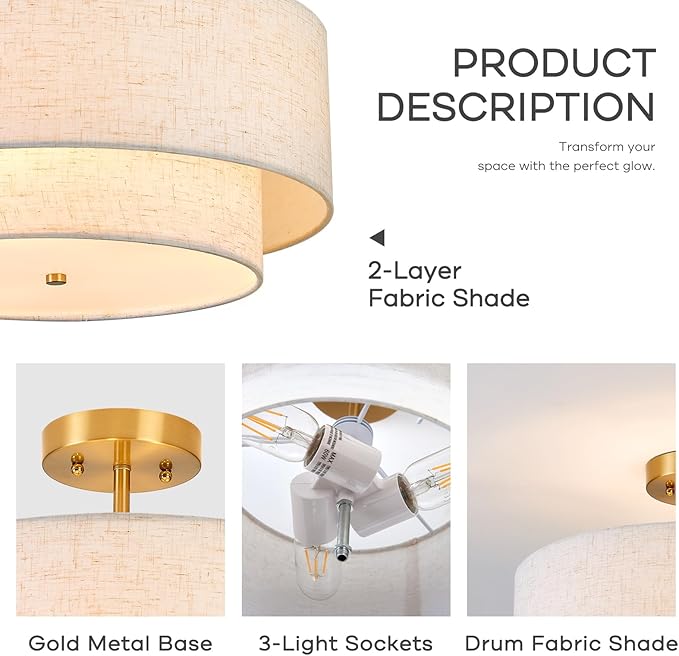 16" Semi Flush Mount Ceiling Light, 3-Light Double Drum Fabric Linen Shade for Living Room, Bedroom, Kitchen, Dining Room, Hallway and Entryway