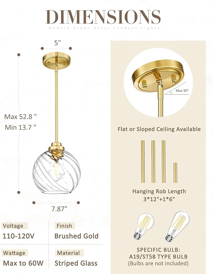 8 Inch Modern Farmhouse Pendant for Kitchen Island, Adjustable Height Hanging Fixture with Ribbed Glass, Gold Finish, Dining Room Entryway - PL101SBG-L