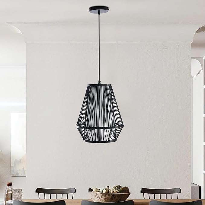 Boho Rattan Pendant Light, 12" Handwoven Bamboo Wicker Basket Shade Pendant Light Fixture, Natural Rustic Farmhouse Chandelier for Kitchen Island, Dining Room, Bedroom