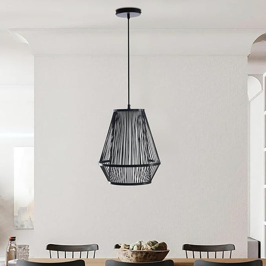 Boho Rattan Pendant Light, 12" Handwoven Bamboo Wicker Basket Shade Pendant Light Fixture, Natural Rustic Farmhouse Chandelier for Kitchen Island, Dining Room, Bedroom