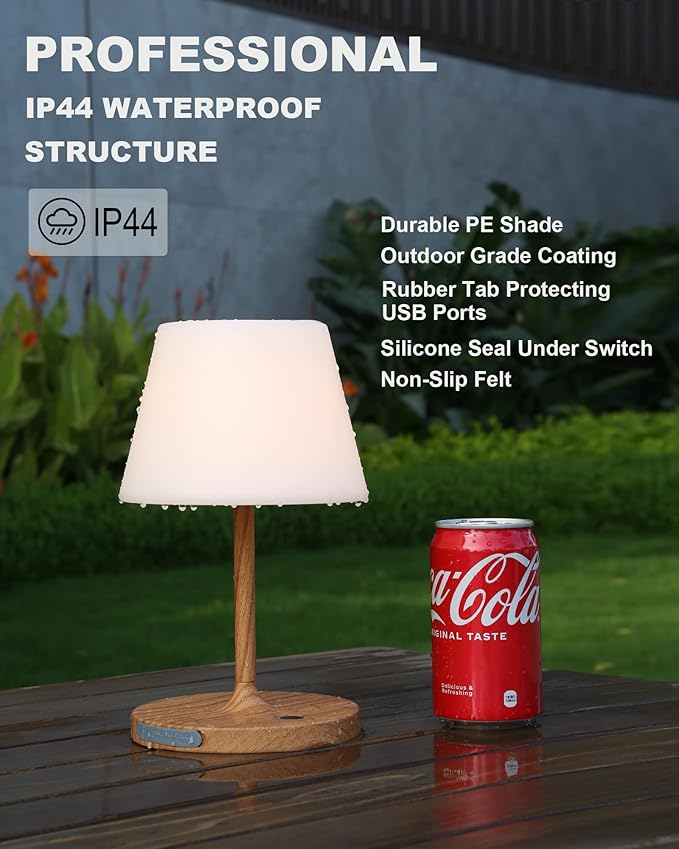 WEILAILUX Outdoor Battery Operated Table Lamp Waterproof, 4000mAh Cordless Table Lamp Rechargeable, Touch Dimmable Desk Lamp, LED Night Light for Patio Camping Restaurant Home (Wood Grain, 9.6in)