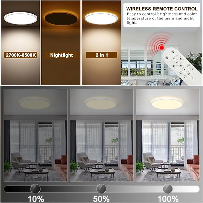 15.7 Inch LED Flush Mount Ceiling Light with Remote, 2700LM Dimmable 2700K-6500K Ceiling Light with 2000K Nightlight and Timer, 32W Modern Ceiling Lamp for Bedroom Kitchen Hallway Dining Room