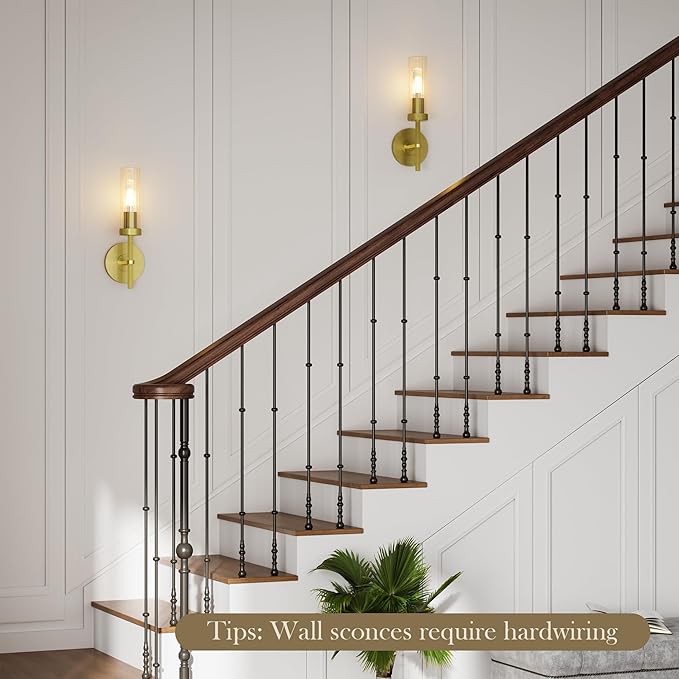 Wall Sconces Set of 2 (with 2 Bulbs), Modern Bathroom Wall Sconces Lighting with Thickened Glass, Hardwired Wall Mount Light Fixtures for Bathroom, Bedroom, Hallway, Living Room(Gold)