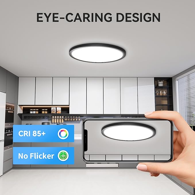 4700lm LED Flush Mount Ceiling Light, Super Slim 16 inch LED Ceiling Light, 5000K LED Ceiling Light for Bedroom, Living Room, Dining Room (Black, Two Pack)