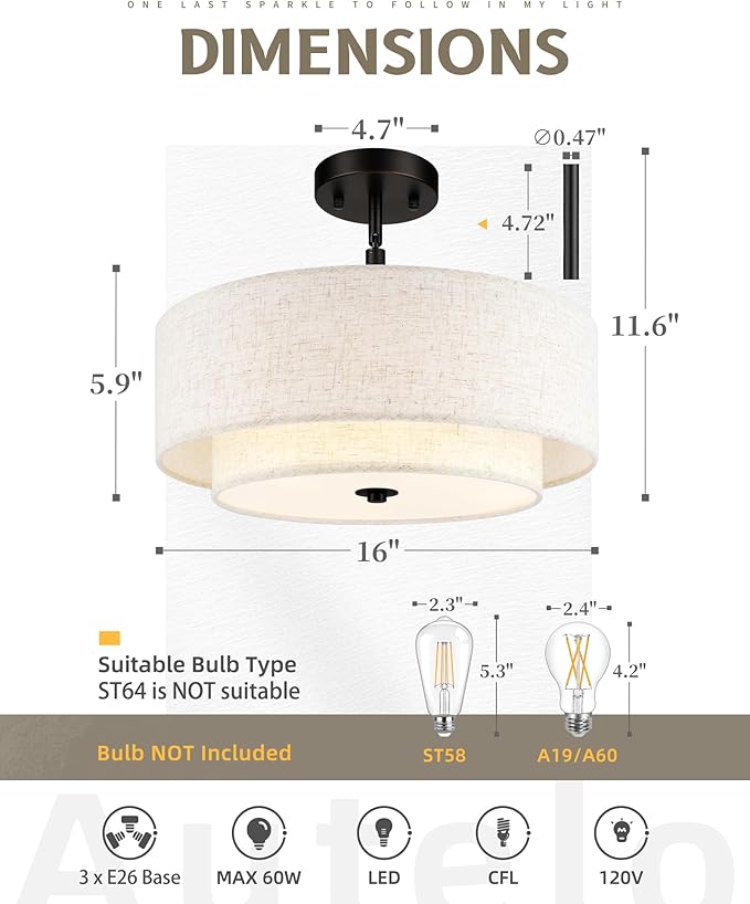 AUTELO 16" Semi Flush Mount Ceiling Light, 3-Light Modern Flush Mount Ceiling Light in Black Finish with Drum Fabric Shade for Hallway Bedroom Kitchen, C2506 BK-16