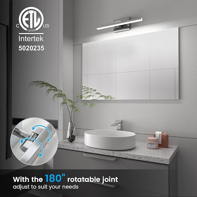 VOLISUN Modern Bathroom Vanity Light 15.7 inch, Rotatable, 12W Dimmable 5CCT Led Bathroom Light Fixture Over Mirror, Chrome Vanity Light for Bathroom Mirror Cabinets-ETL Certificated
