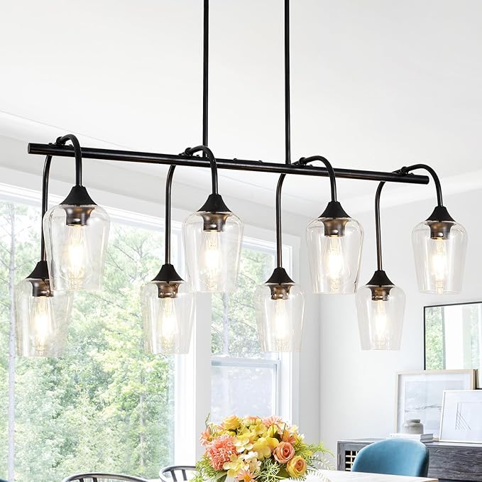 38" Dining Room Light Fixture/Chandelier Over Table, 8-Light Matte Black Kitchen Island Lighting with Clear Glass Shade, Modern Hanging Pendant Lights Fixture for Kitchen Island, Dining Room, Bar