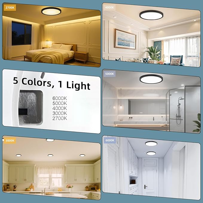 TOPELER Black LED Flush Mount Ceiling Light, 12inch Dimmable Round Ceiling Light, 28W 2400Lm, 5CCT Selectable Low Profile Slim Flat Panel Lights for Kitchen, Bedroom, Laundry, ETL & FCC Listed