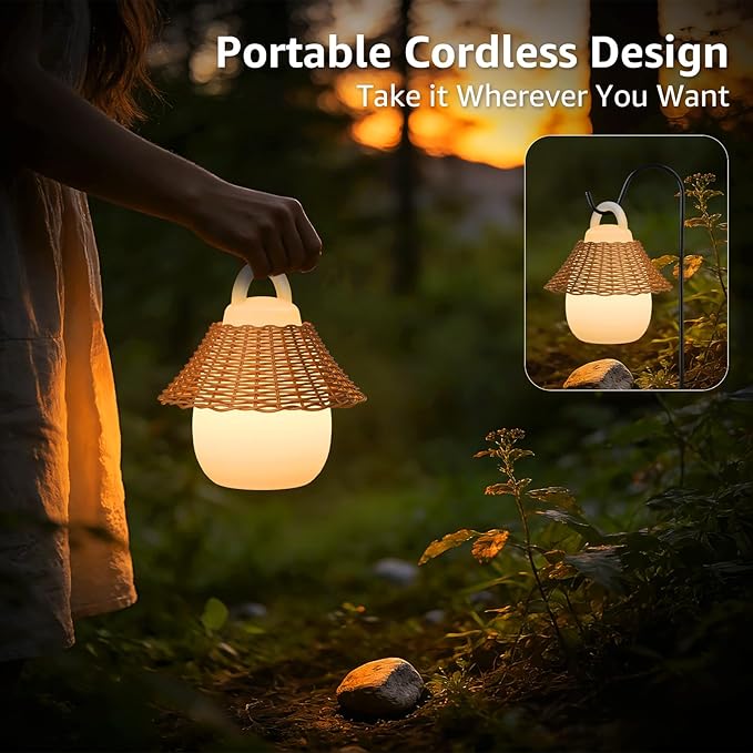 Rattan Outdoor Lanterns, GGII Rechargeable Camping Lantern with IP44 Waterproof, Battery Operated Outdoor Portable Cordless Table Lamp with RGB Lights for Patio Balcony Garden