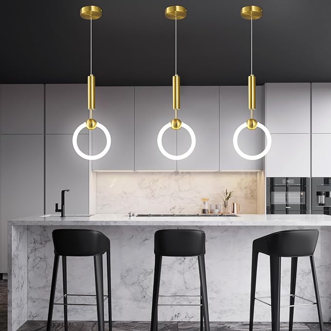 Modern LED Pendant Light Fixtures, Simplicity Gold Pendant Lighting,Circular Hanging Chandelier for Kitchen Island Dining Room Bedroom Entryway Hallway(Gold-2-Pack)