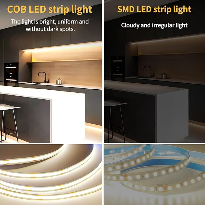 50FT COB LED Strip Lights 3000K Warm White Dimmable DC 24V Flexible LED Tape Light for Bedroom, with Remote and App Control LED Light Strip,for DIY Home Decoration