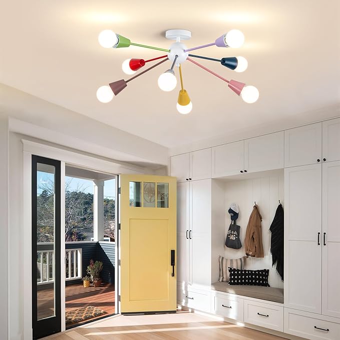 33 Inch Colorful Sputnik Chandelier, 8-Light Kids Ceiling Light Fixture, Modern Semi-Flush Mount Lamp for Children's Bedroom,Playroom, Nursery, Dining Room, Kitchen, Entryway