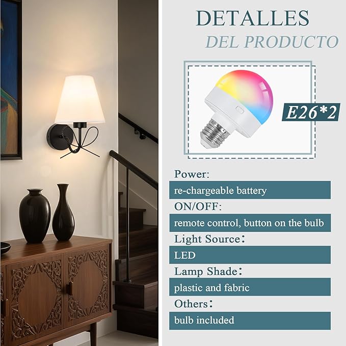ADISUN Modern Wall Sconce Set of Two, Battery Operated Wall Sconce Remote Control Dimmable Wall Lamp Wireless Sconces for Living Room Bathroom Dining Room Corridor Staircase (2 Bulbs Included)