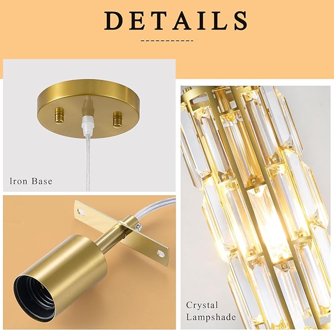 Pendant Lights Modern Gold Pendant Light, Mini Crystal Pendant Lighting for Kitchen, Dining Room, Bedroom Adjustable Pendant lamp (Gold 2 Pack)