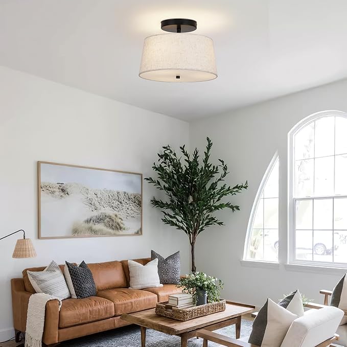 12.6" Light Fxitures Ceiling Mount,3 Light Semi Flush Mount Ceiling Light Fixture,Bedroom,Modern Close to with Linen Shade Drum Light for Living Room Kitchen Entryway lamp
