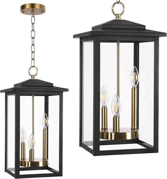 LamQee Large Outdoor Pendant Lights, 3-Lights Black and Gold Outdoor Chandelier Lighting Fixture, Modern Exterior Ceiling Hanging Lantern with Glass, for Porch Front Door Patio Gazebo Entryway Foyer