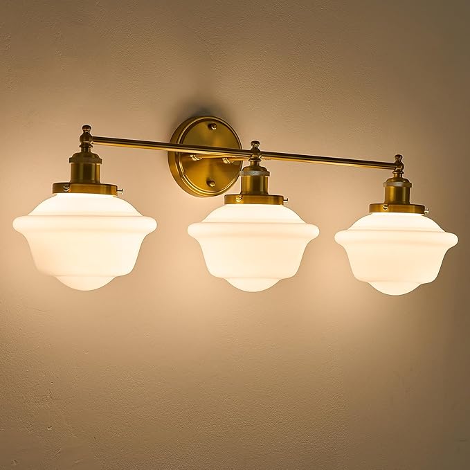 VitaLink 29.5" Bathroom Vanity Light, 3-Light Vintage Golden Bathroom Wall Light Fixtures Hardwired Milk White Glass Wall Sconces for Bedroom Living Room Hallways